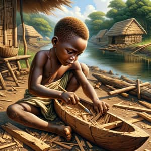 African Child Constructing Wooden Canoe in Isolated Village