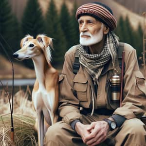 Elderly Middle-Eastern Man Fishing with Saluki Dog in Wilderness