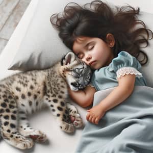 Peaceful Nap: Young Girl Cuddling Sleeping Baby Snow Leopard