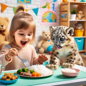Cute Interaction: Girl Eating with Baby Snow Leopard