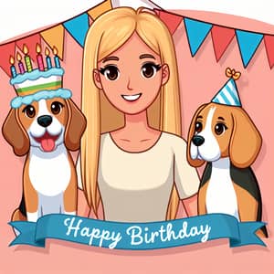 Animated Blonde Woman with Two Beagles - Happy Birthday Celebration