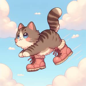 Adorable Cat in Cute Boots Soaring through Pastel Blue Sky