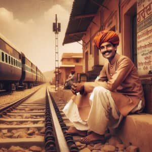 Male Indian Politician in Traditional Rajasthani Attire on Railway Track