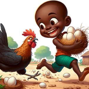 Playful African Child Escapes Hen with Stolen Eggs