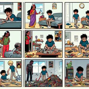 Lazy Boy Learns Responsibility: 8-Panel Comic Strip Story
