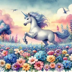 Whimsical Unicorn Galloping Through Colorful Flower Field