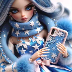 Fashionable Winter-Inspired Doll with Vibrant Blue Outfit and Smartphone