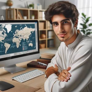 Young Middle Eastern Man Working at Desk with World Map Displayed on Computer
