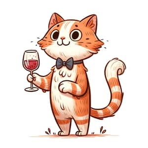 Whimsical Cartoon Cat Holding Glass of Wine