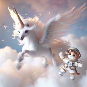 Majestic Unicorn Flying with Astronaut Cat - Fantasy Sky Adventure