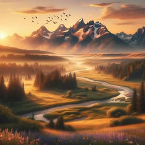 Tranquil Landscape with Majestic Mountains and Meandering River