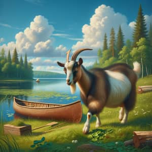 Tranquil Lake Scene with Goat Grazing | Rural Beauty