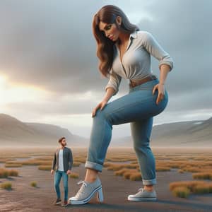 Giant Caucasian Woman Standing in Vast Landscape