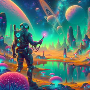 Exploring Alien Planet with Futuristic Character and Vibrant Flora