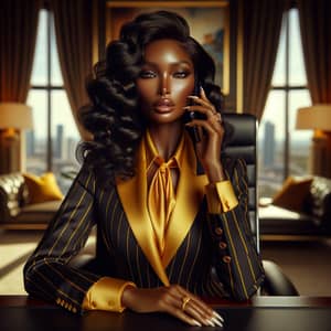 Luxurious Office Portrait of Confident CEO in Yellow and Black Business Suit