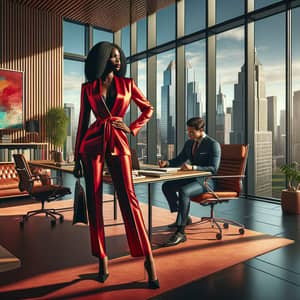 Empowered Female CEO Overlooking City Skyline in Vibrant Office Setting