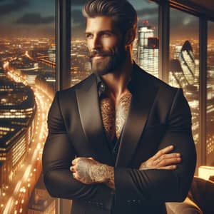 Elegant Man in London: Muscular Athlete in Fine Suit with Tattoos