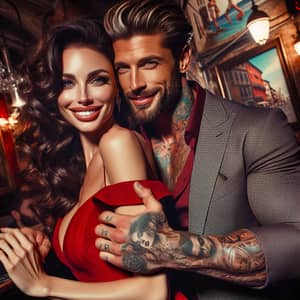 Radiant Caucasian Woman & Husband in Resplendent Red Dress | Romantic Night Scene