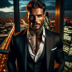 Charismatic Caucasian Male in Black Suit with Intricate Tattoos | Urban Romanticism Portrait