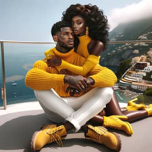 Radiant African American Woman Embraced by Striking Italian Man in Luxurious Amalfi Coast Penthouse