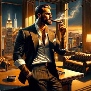 Sophisticated Italian Man in Penthouse Office with Urban Skyline View