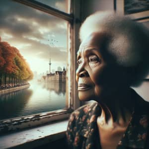 Contemplative African American Elderly Woman by Serene Lakeside and Vibrant Cityscape