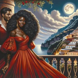 Romantic Moonlit Scene with Black Woman and Italian Husband on Amalfi Coast