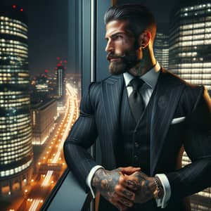 Charismatic Italian Man in Bespoke Black Suit and Intricate Tattoos
