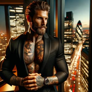 Charismatic Urban Man in Tailored Black Suit | City Lights View