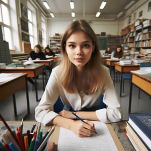 Academic Ambiance: Young Woman Studying in College Classroom