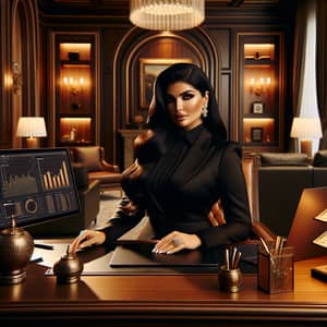 Plus-Size Middle-Eastern Woman in Black Elegance at Luxury Office