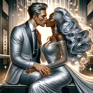 Romantic Silver Suit and Evening Gown Couple Kissing Under Moonlight