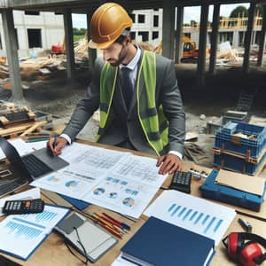 Caucasian Male Consultant Analyzing Six Sigma Models at Construction Site