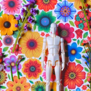 Slim Long-Haired Humanoid Figurine in Colorful Flower Backdrop