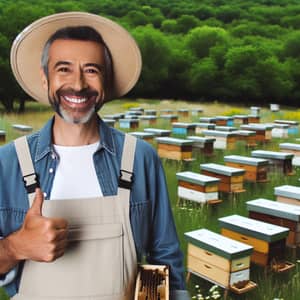 Joyful Hispanic Beekeeper in Green Nature | Beehives Background