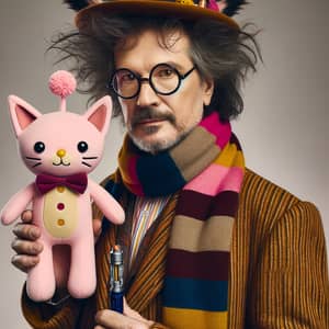Quirky Style Middle-aged Man with Adorable Pink Feline Plush Toy
