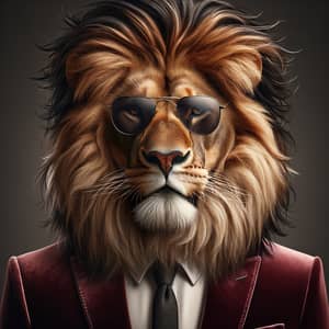 Realistic Lion Art: Majestic Alpha Roaring Portrait in Maroon Suit