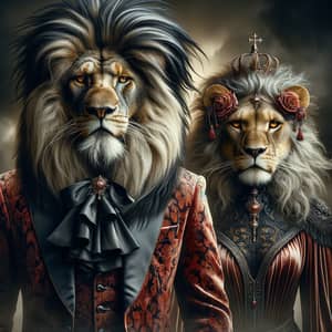 Fantasy Lion King and Queen in Human-like Clothing | Magical Realism Image