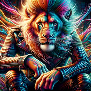 Vibrant Realism-Style Lion Portrait in Colorful Leather Attire