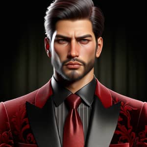 Confident Hispanic Leo Man in Luxurious Rose Red & Black Velvet Suit