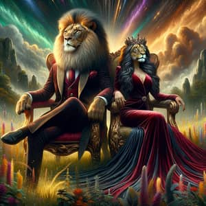 Majestic Alpha Lion & Lady in Velvet: Realistic 4K Digital Art
