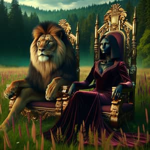 Photorealistic Scene in Lush Meadow with Alpha Lion and Queen Lioness
