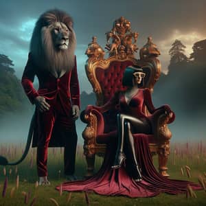 Majestic Alpha and Enchanting Lioness in Rose-Red Velvet Attire