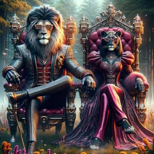 Majestic Lion Couple in Rose-Red and Black Attire | Fantasy Art