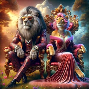 Majestic Male and Female Lions in Opulent Cyberpunk Style