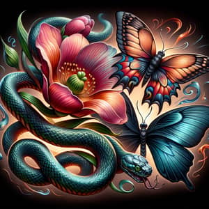 Nature-inspired Tattoo: Snake, Flower, and Butterfly Design
