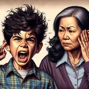 Emotive Illustration of Hispanic Boy and Asian Mother in Conflict