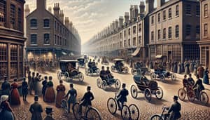 19th Century Street Scene with Vintage Cars and Bicycles