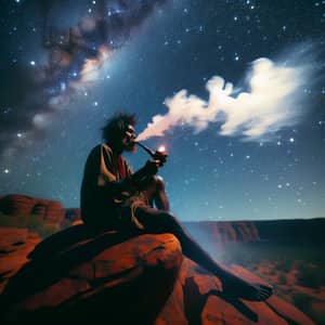 Mystical Night Scene: Indigenous Man Smoking Pipe Under Starlit Sky