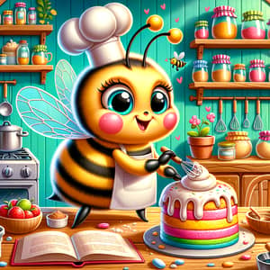 Humorous Cartoon Bee Chef Baking Cake in Colorful Kitchen Setting